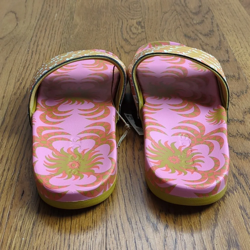 NIB FARM Rio Logo Slide Sandals Adidas Collab Womens Size 7 Pink Abstract Floral